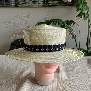 Elegant Metallic Gold Cream Straw Hat with Black Band